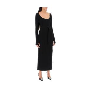 Norma Kamali Long Sleeve Deep Scoop Neck Side Slit Gown Dress Black Size XL NWT